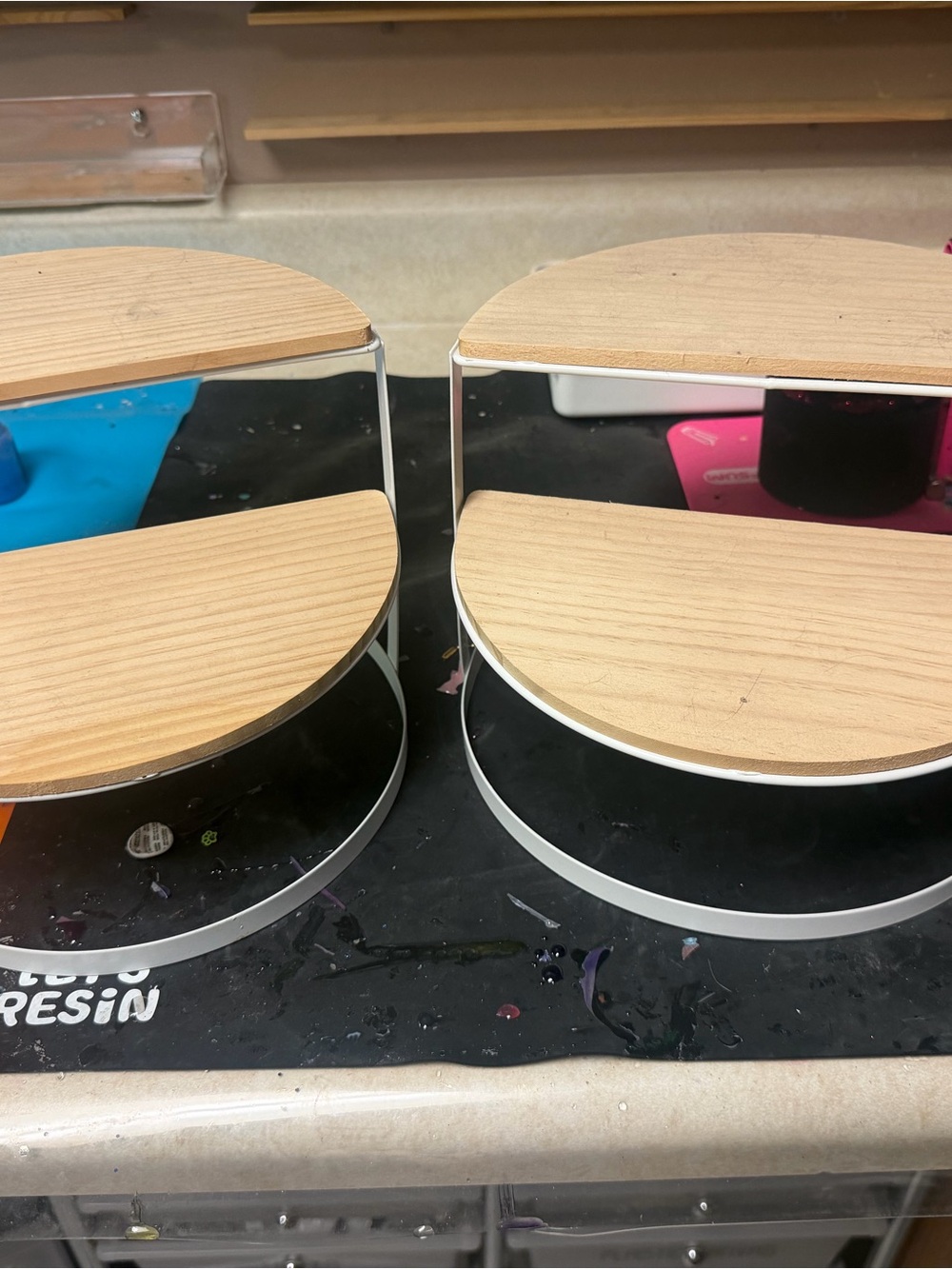 Round Two-Tier Wood & metal Display Stands - Light Wood